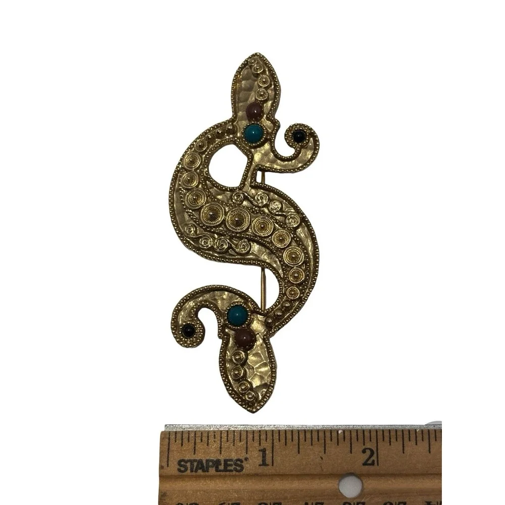 Vintage GoldTone Etruscan Byzantine Style Scroll Faux stone cabochons Brooch Pin